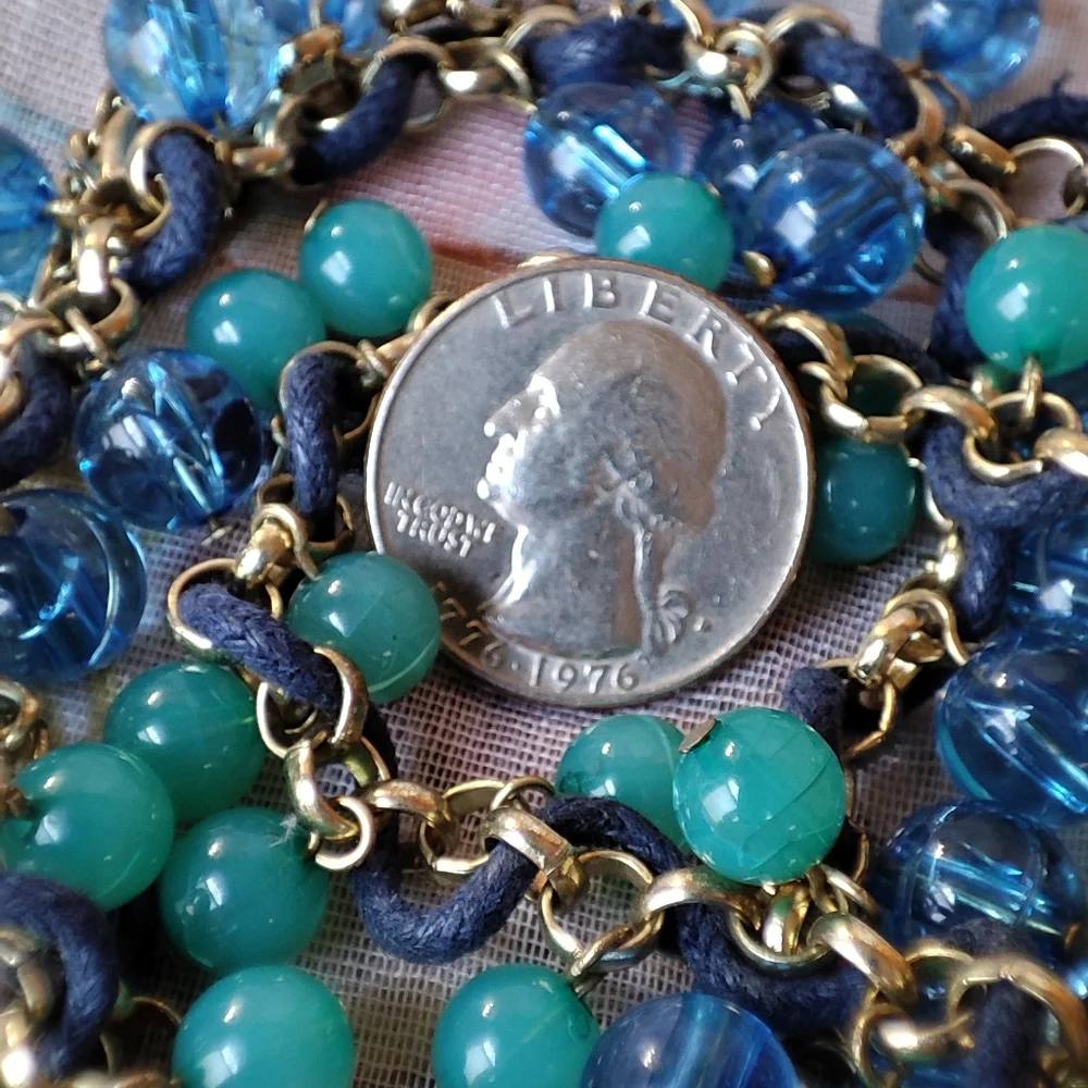 Coldwater Creek Light Weight Extra Long Blue and Jade Green Necklace Gold Tone